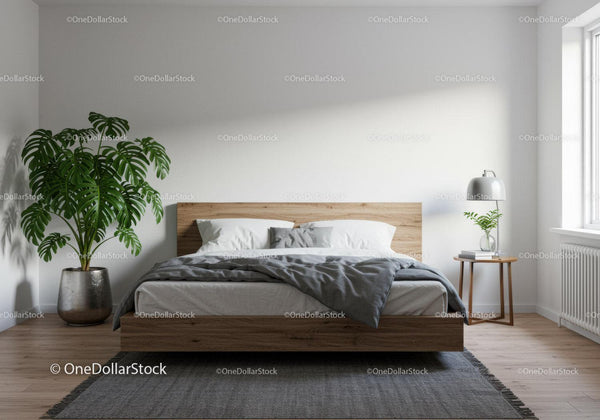 Modern Bedroom with Wooden Bed Frame and Monstera Plant