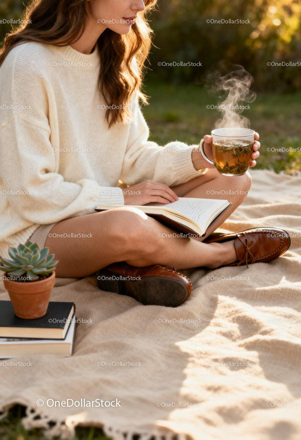 Woman enjoying tea and reading on a cozy blanket