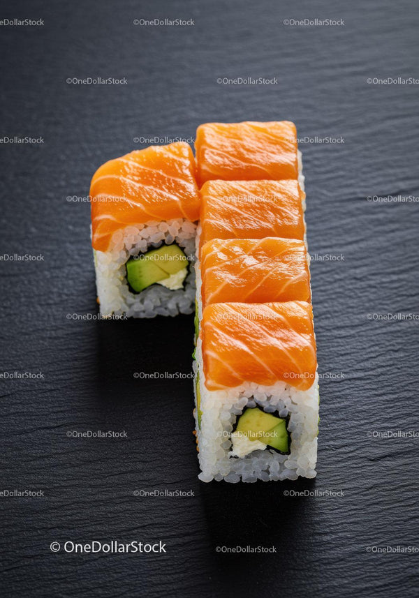 Fresh salmon sushi rolls with avocado on black slate