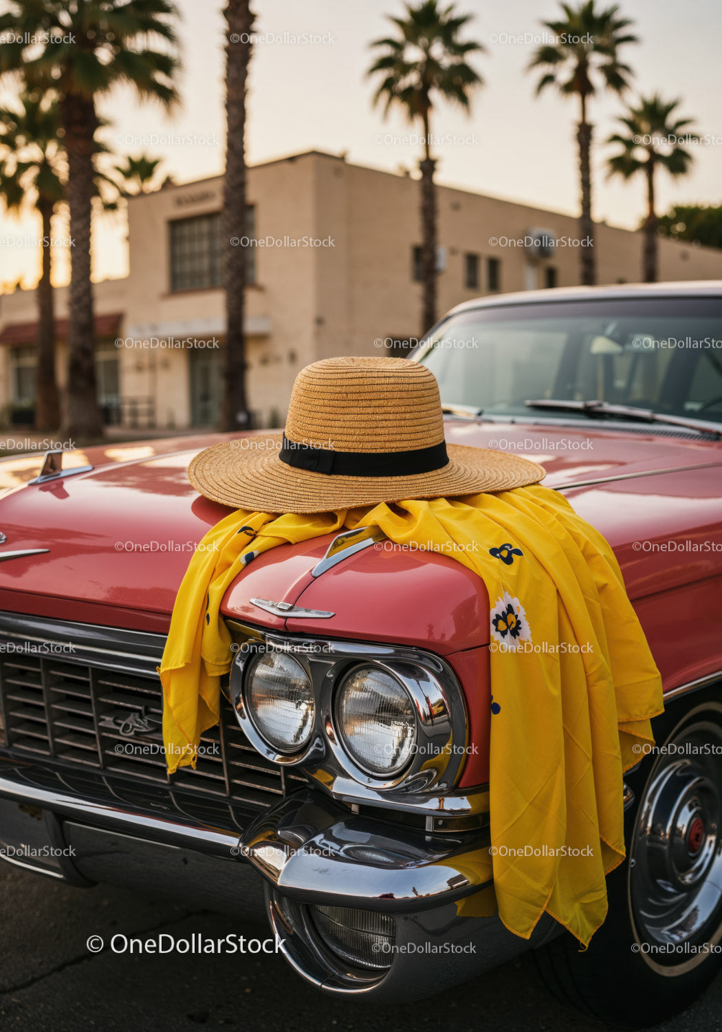 Vintage Red Chevrolet Car with Straw Hat and Yellow Scarf