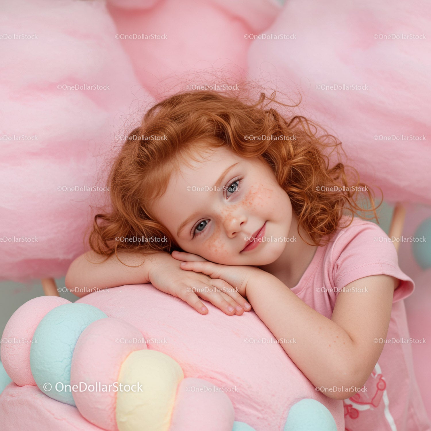Little girl with curly hair resting on pastel decorations