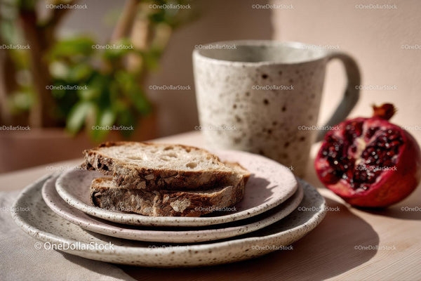 Rustic Breakfast Scene with Sliced Bread and Pomegranate in Ceramic Tableware