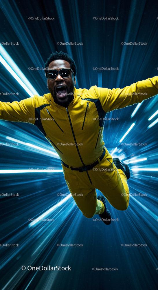 Dynamic Man in Yellow Jumpsuit Against Futuristic Background Stock Photo Bundle (13 JPG Files)