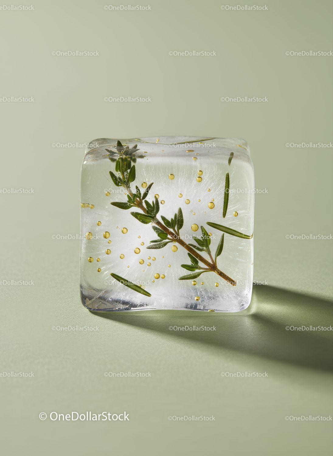 Herb-infused ice cube casting a delicate shadow