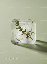 Herb-infused ice cube casting a delicate shadow
