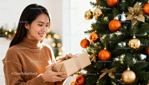 Smiling woman holding wrapped gift by decorated Christmas tree