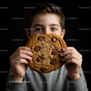 Young boy holding a large chocolate chip cookie close