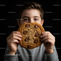Young boy holding a large chocolate chip cookie close
