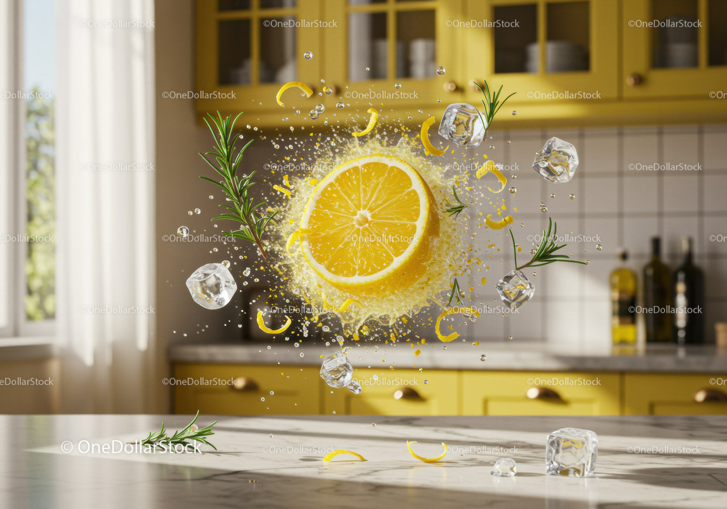 Fresh lemon slice bursting with ice and rosemary herbs