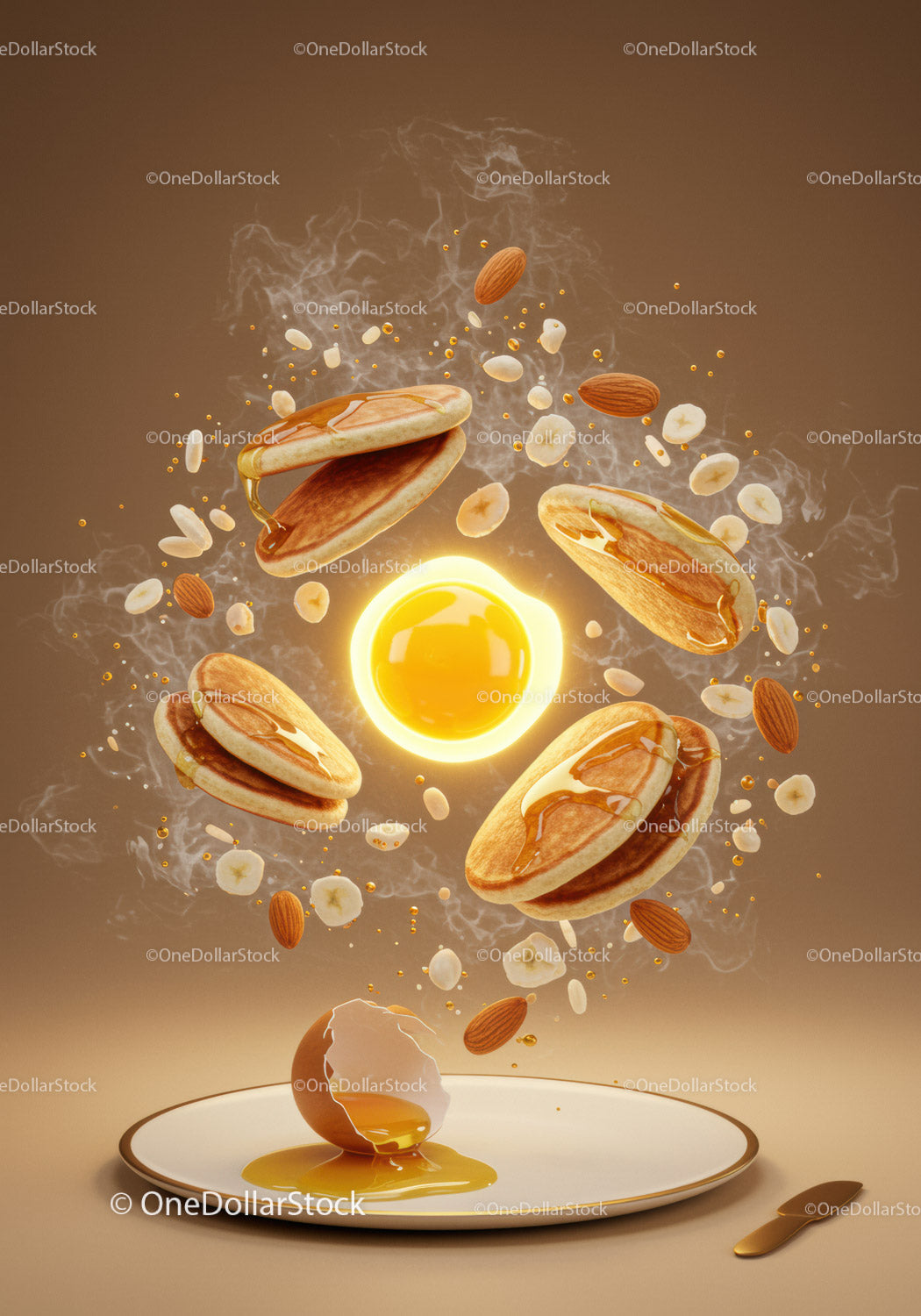 Floating Pancakes with Syrup and Fresh Ingredients