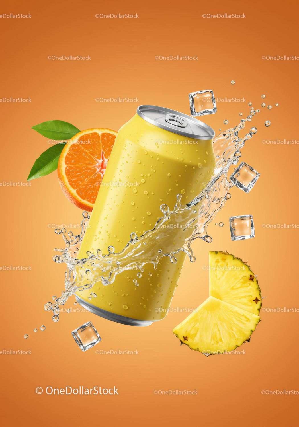 Refreshing yellow can with citrus and tropical splash