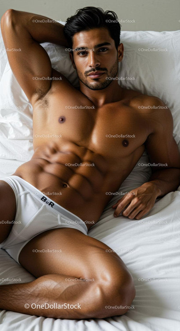 Fit man relaxing on white bed in casual underwear