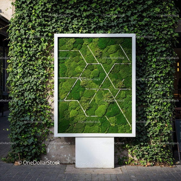 Modern Green Moss Living Wall with White Frame in Urban Setting JPG Mockup Image