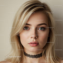 Elegant Blonde Woman with Blue Eyes and Choker Necklace