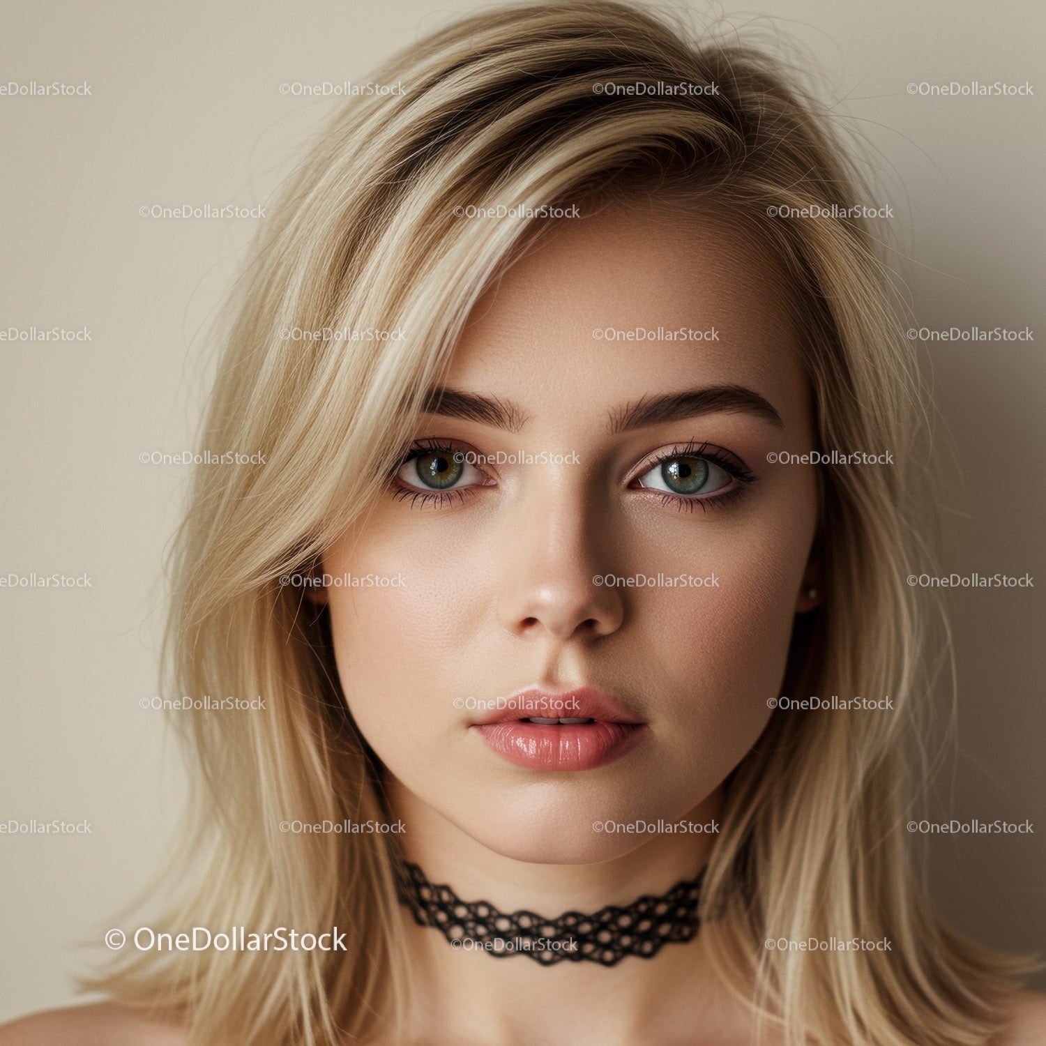 Elegancka blondynka o niebieskich oczach i naszyjniku choker