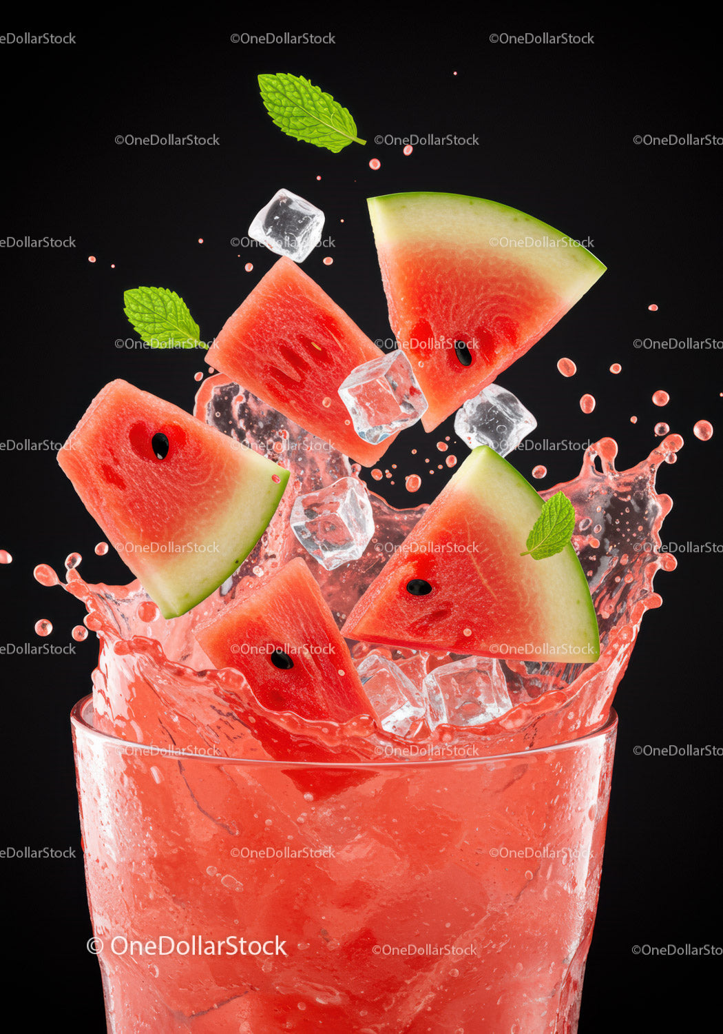 Refreshing watermelon splash with ice and mint leaves