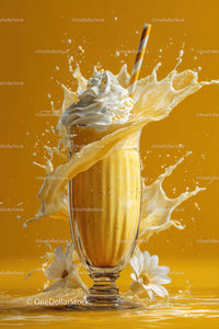 Creamy Vanilla Milkshake with Whipped Cream and Straw on Orange Background