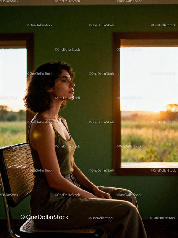 Young woman in thoughtful pose near window at sunset