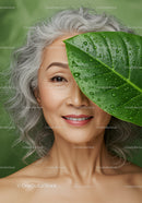 Elegant Senior Woman with Green Leaf Covering Eye and Serene Smile