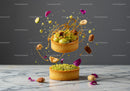 Creative pistachio tart with flying nuts and petals