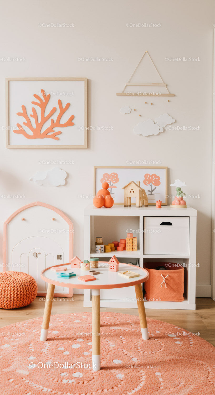 Pink and White Childrens Room with Wooden Toys and Cloud Decor