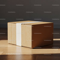 Minimalist cardboard box with white tape on wooden floor