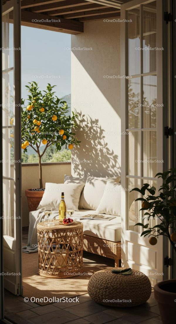 Cozy Balcony with Citrus Tree and Relaxing Lounge Area