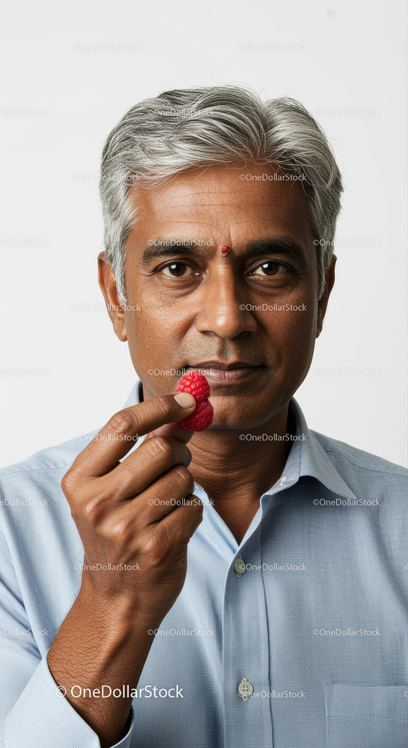 Senior Man Enjoying Fresh Raspberries for Healthy Living