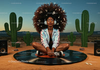 Relaxed woman enjoying music outdoors in desert setting