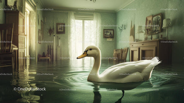 White Swan Swimming in Flooded Vintage Room