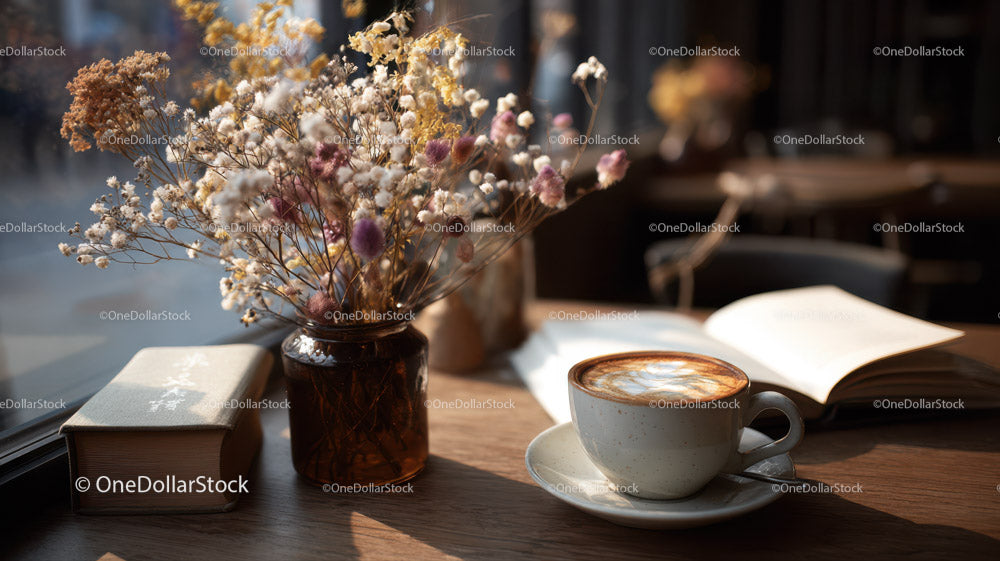 Cozy Morning Scene with Coffee Book and Dried Flowers