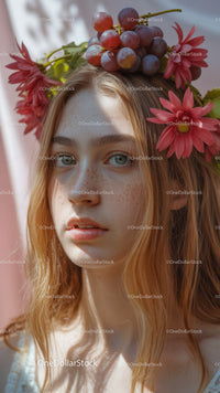 Young Woman with Red Floral Crown and Purple Grapes Outdoor Portrait