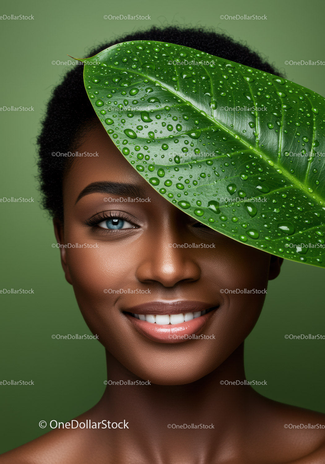 Smiling African Woman with Large Green Leaf and Water Droplets