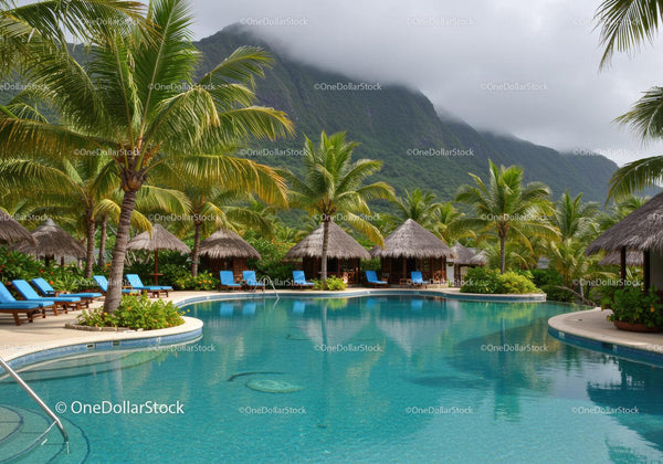 Tropical Paradise with Swimming Pool and Palm Trees Over Mountain Landscape