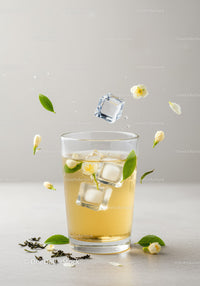 Refreshing iced jasmine tea with blossoms and green leaves