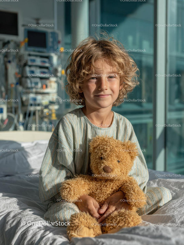 Young Boy with Teddy Bear in Modern Pediatric Hospital Room