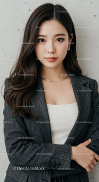 Elegant Young Woman in Blazer with Wavy Hair and Jewelry