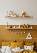 Charming Nursery Decor with Wooden Shelves and Mustard Accents