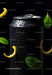 Chilled Black Can with Lemon Peel and Fresh Mint Leaves