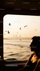 Woman Reflecting by Window with Seagulls at Sunset