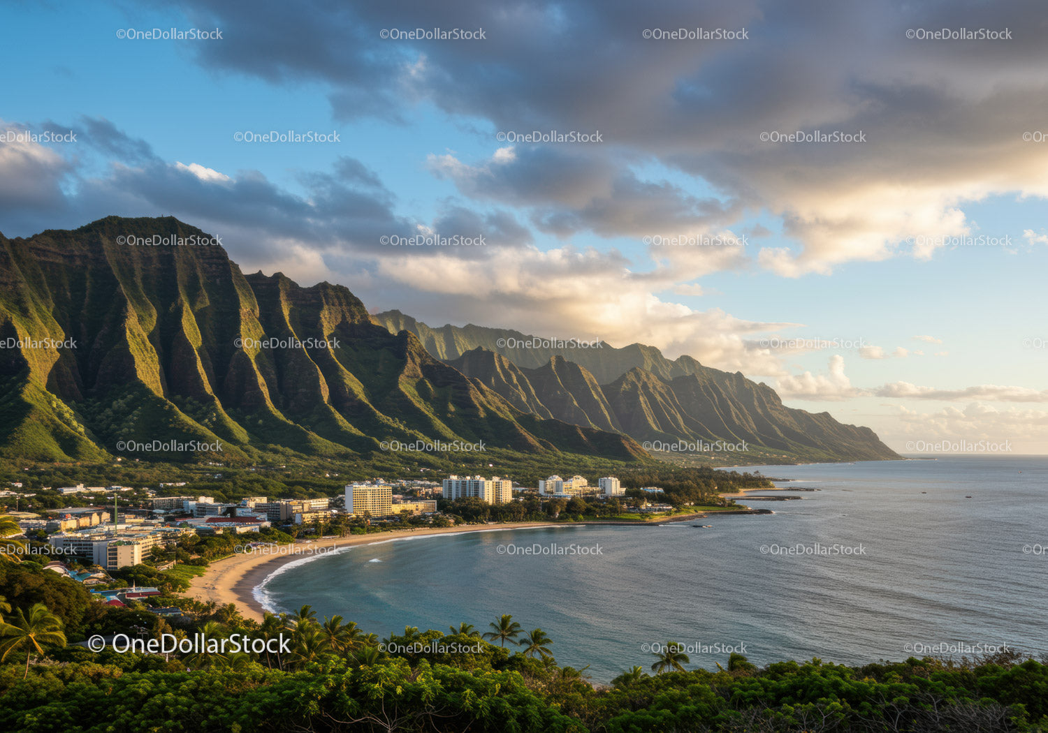 Scenic Mountain Range and Tropical Coastline with City Skyline