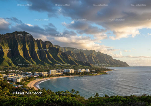 Scenic Mountain Range and Tropical Coastline with City Skyline