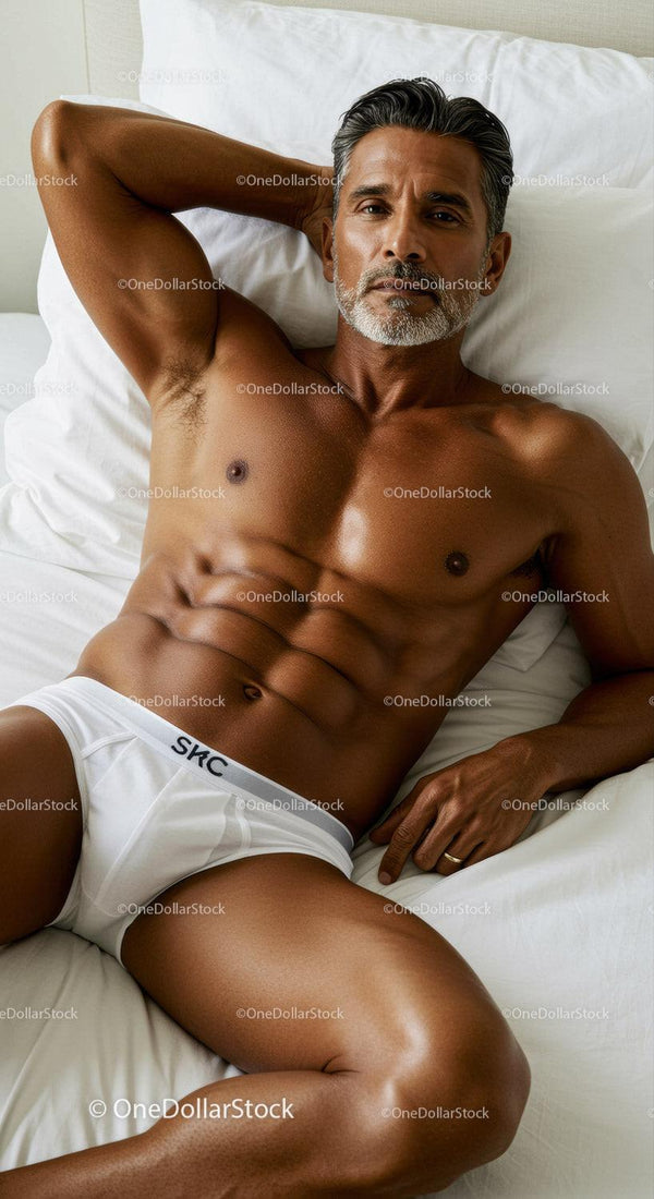 Fit mature man relaxing on bed in white briefs