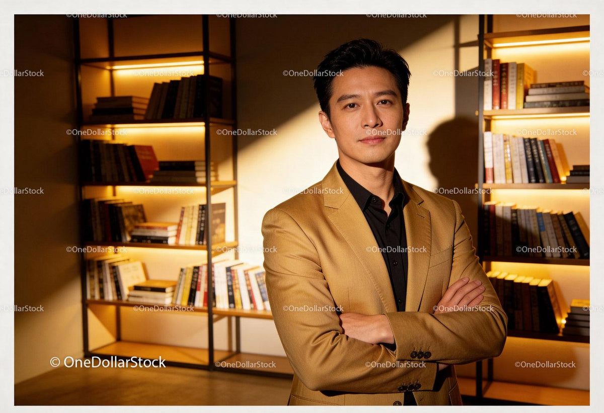 Confident man in tan blazer standing by illuminated bookshelves