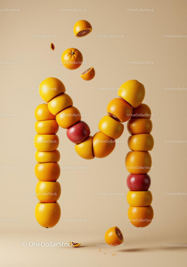 Letter M composed of stacked citrus fruits and apple
