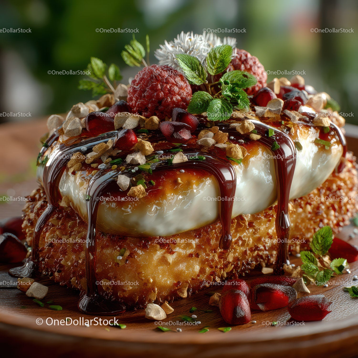 Gourmet Cheesecake with Chocolate Drizzle and Fresh Fruit Topping