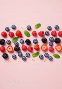 Fresh mixed berries and mint leaves on pink background
