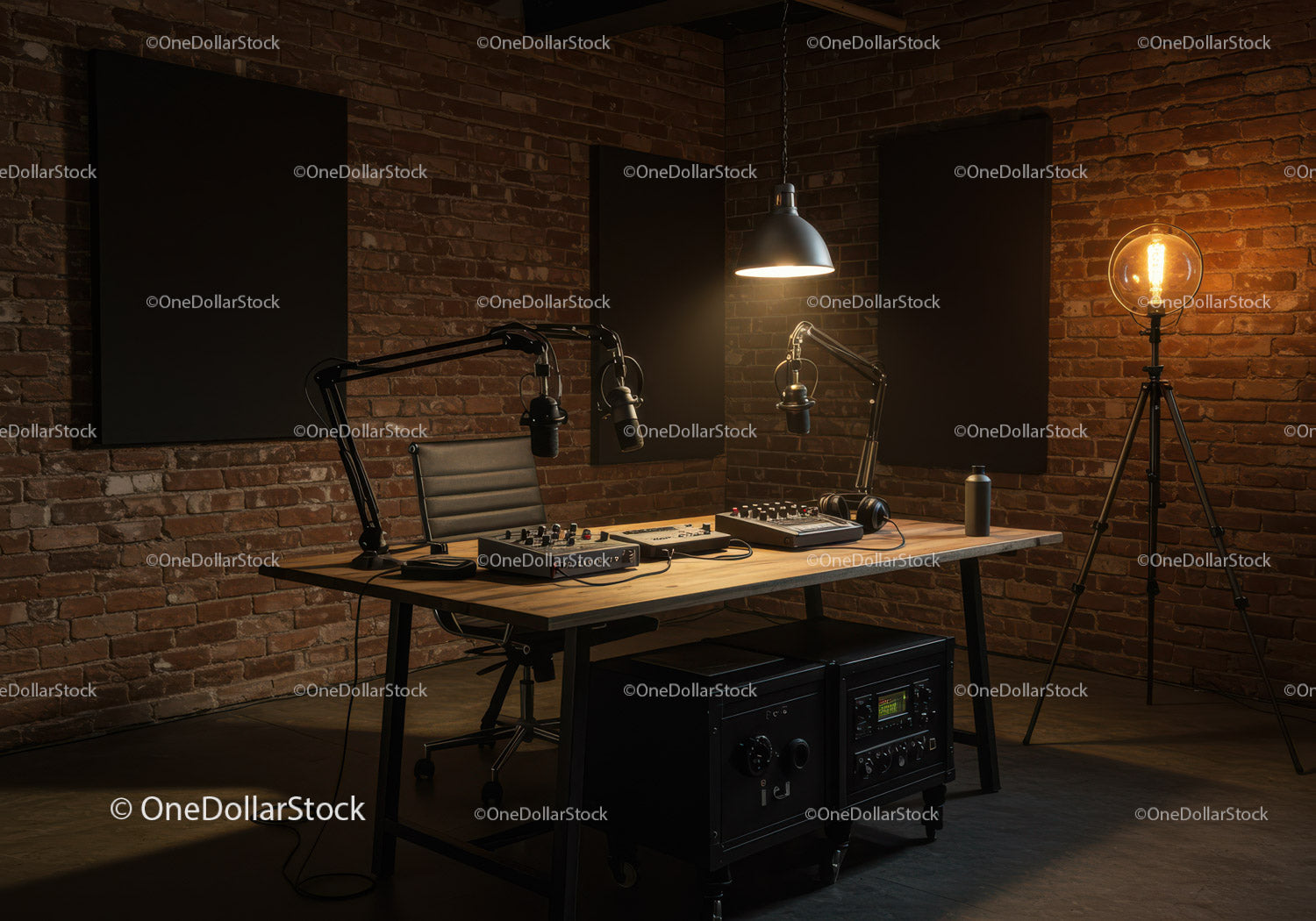 Interior of a Modern Music Studio with DJ Equipment and Sound Gear