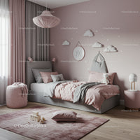 Cozy Children's Bedroom with Pink and Gray Decor and Cloud Wall Art