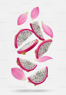 Fresh dragon fruit slices with pink flower petals